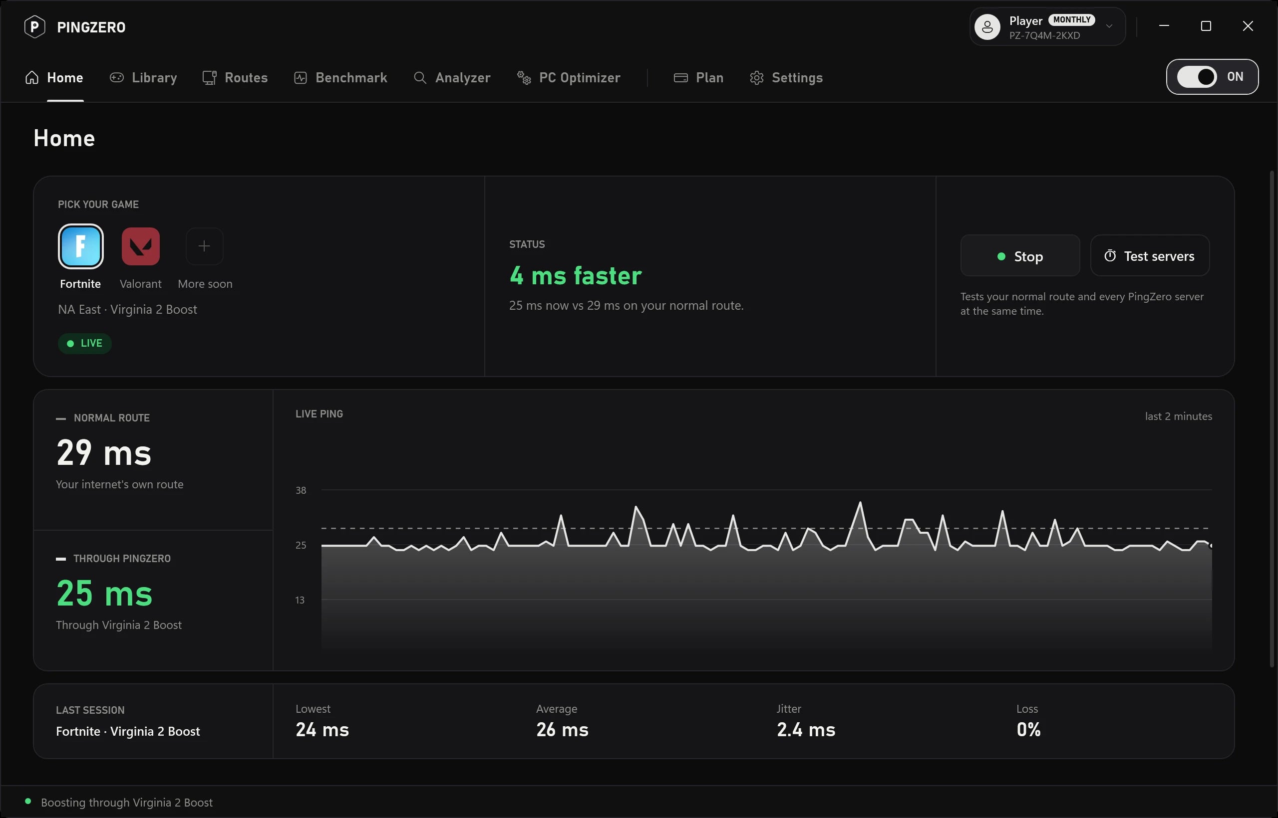 The PingZero app with Boost on: 25 ms through PingZero vs 29 ms on the normal route
